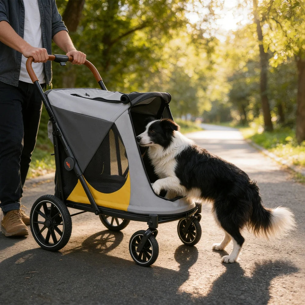 Foldable Pet Dog Stroller Rolling Dog Travel Carrier Pet Stroller Jogger Cart with Removable Cushion and Cup Holder Up to 42kg