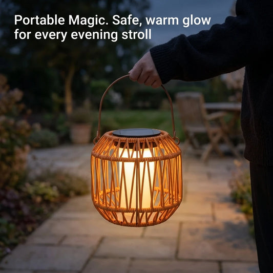 Solar Powered Flame Lantern With Woven Rattan Outdoor Design