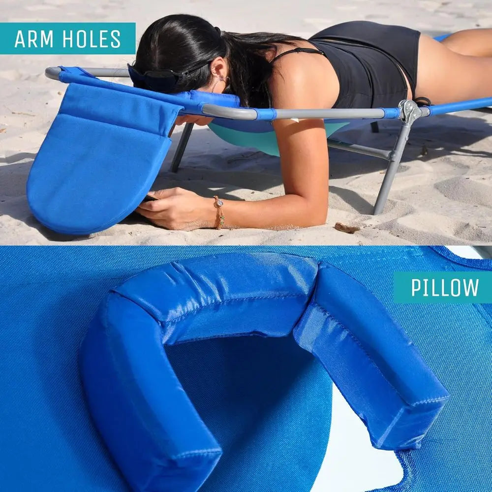 Ladies Comfort Lounger Sunbathing Chaise Lounge Beach Chair and Outdoor On-Your-Back 5-Position Backpack Beach Chair, Blue