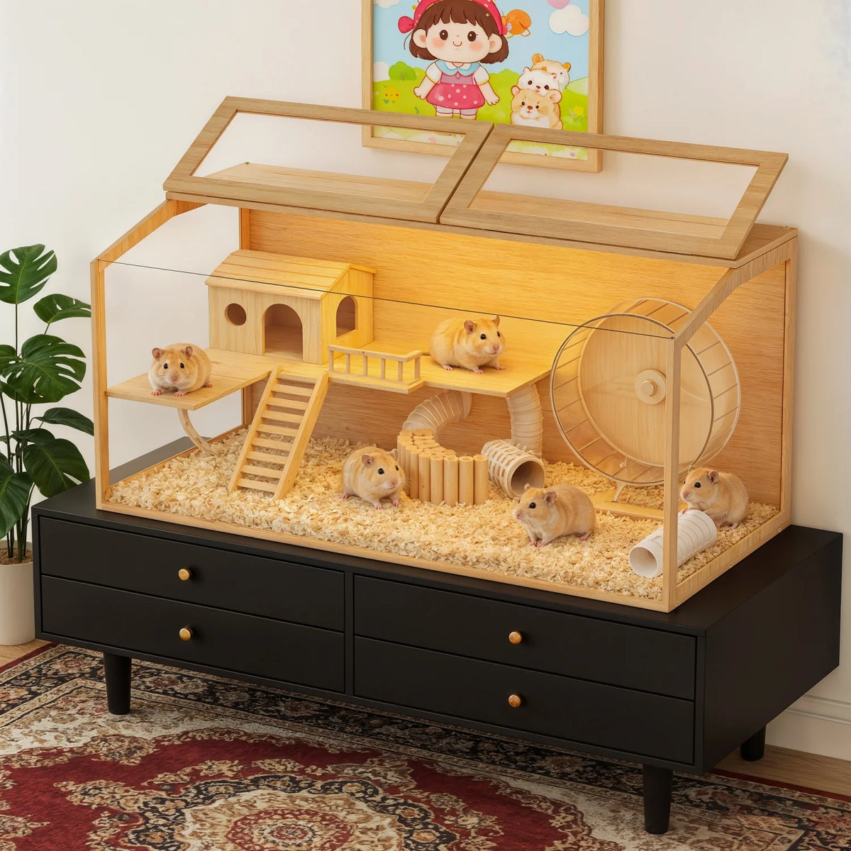 Wooden Hamster Habitat With Dual Access Doors And Integrated Lighting