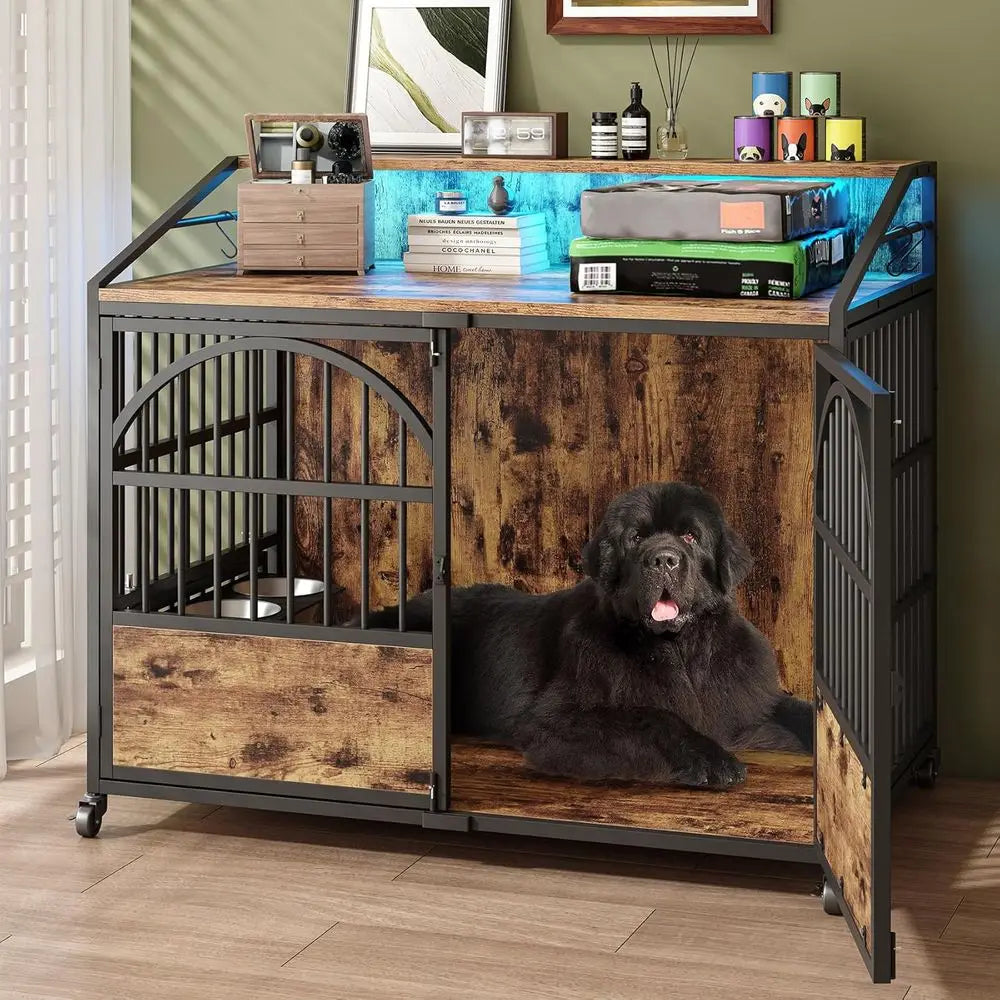 Heavy Duty Dog Crate With Stainless Bowls And Locking Wheels