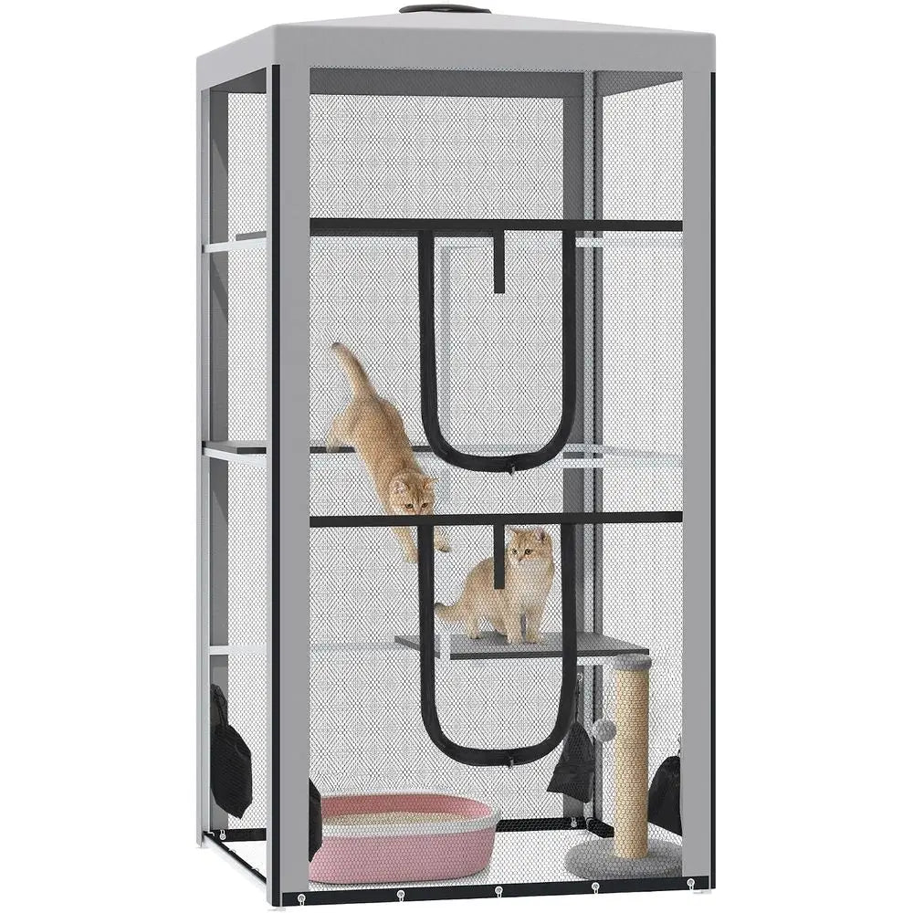 Outdoor Cat House Enclosure With Three Platforms And Steel Frame