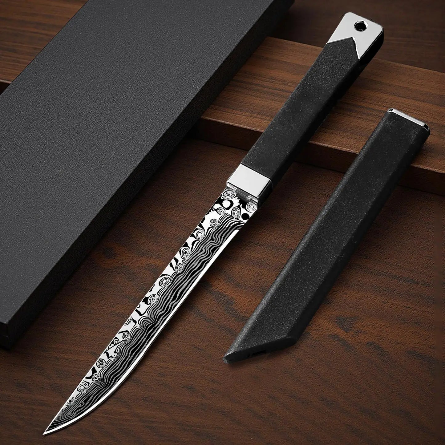 Black Damascus Pattern Outdoor Knife - Ultra-Sharp Fixed Blade with Sheath. Perfect for Camping, Hiking, bbq, and Survival Tasks