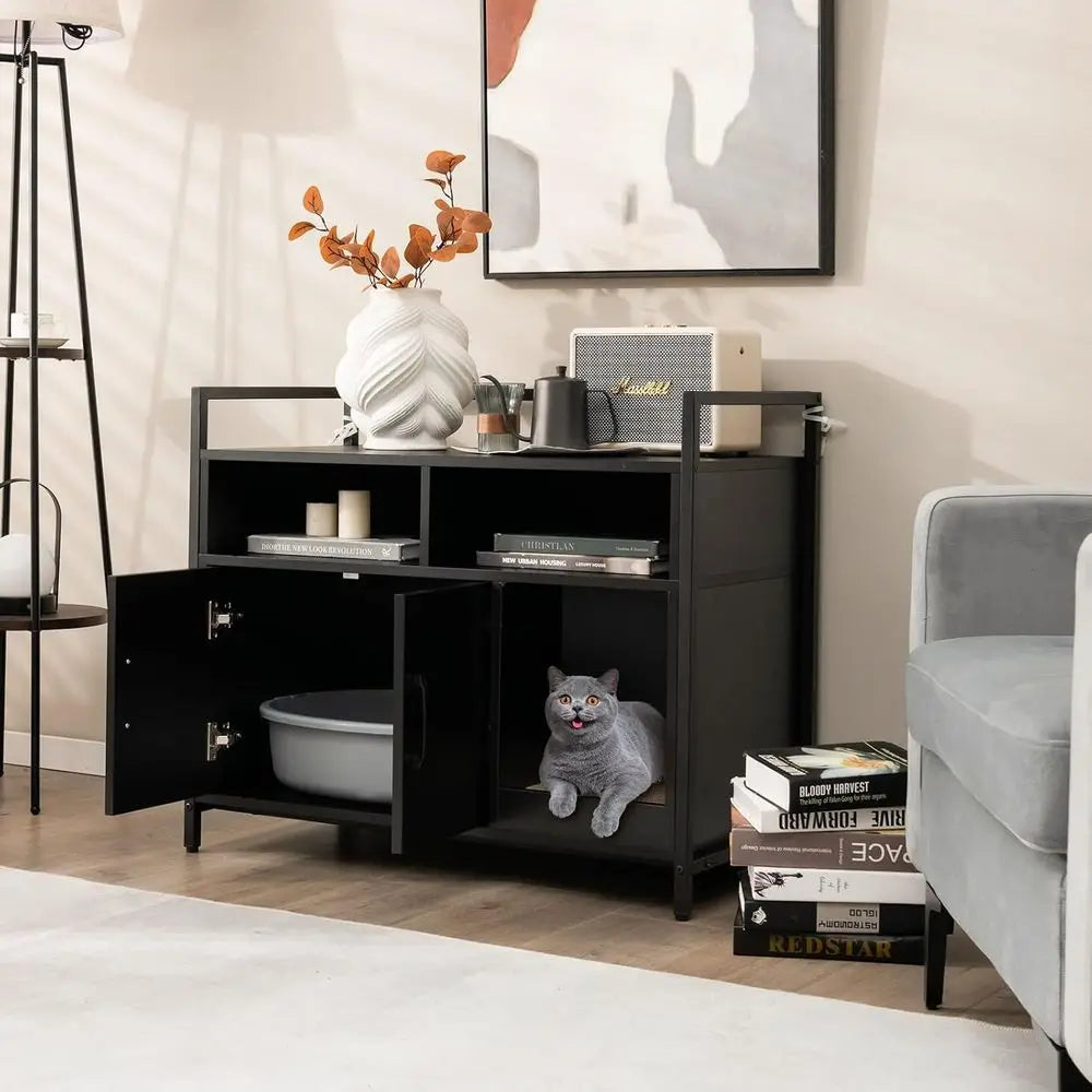 Cat Litter Box Enclosure - Cat Washroom Hidden urniture with ront Entry, Scratcher, 2-Door Storage Cabinet, 2 Comparents, Air Ve