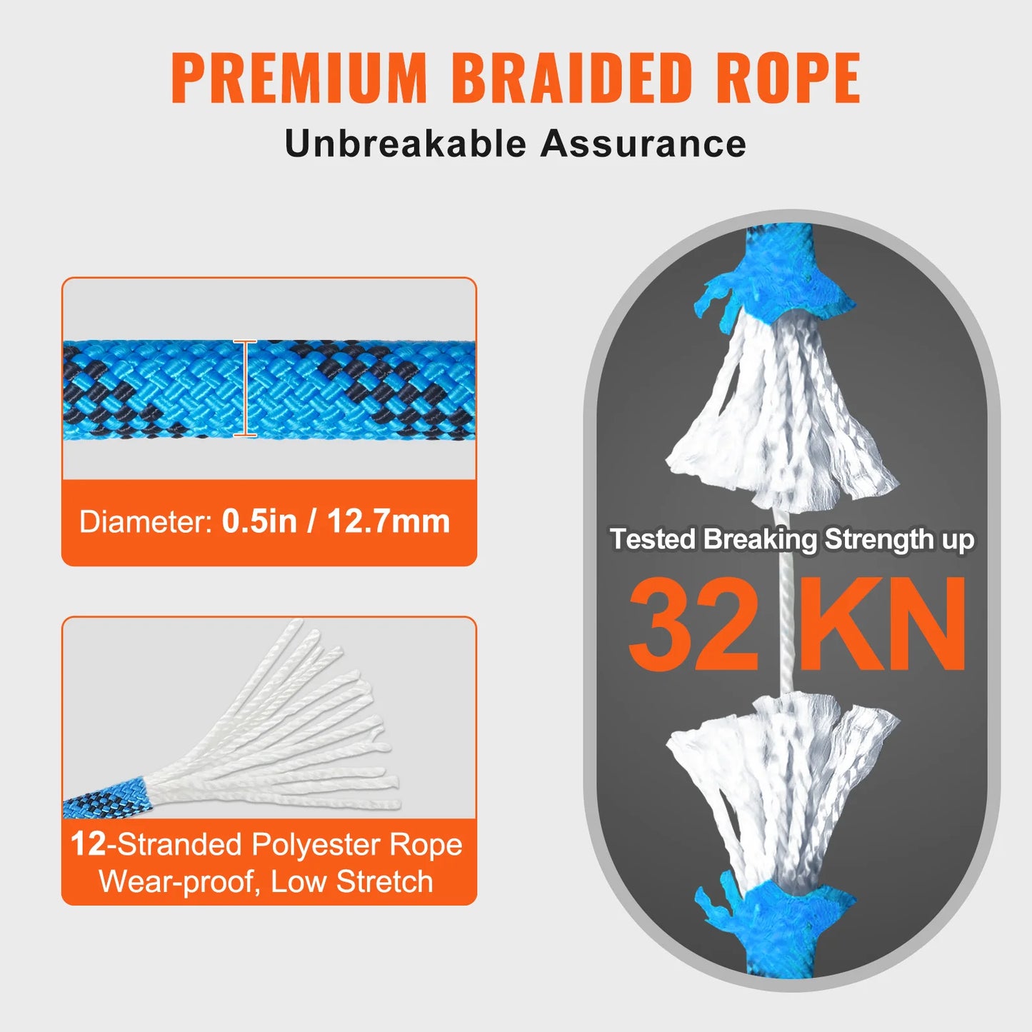 VEVOR Static Climbing Rope 30kN With Steel Snap Hooks