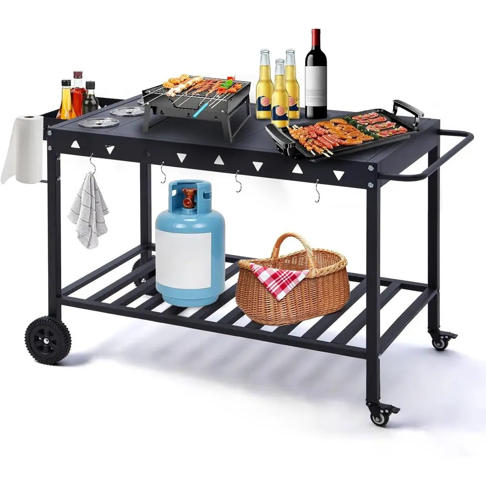Portable Outdoor Grill Table With Wheels Griddle Stand Cart Shelves