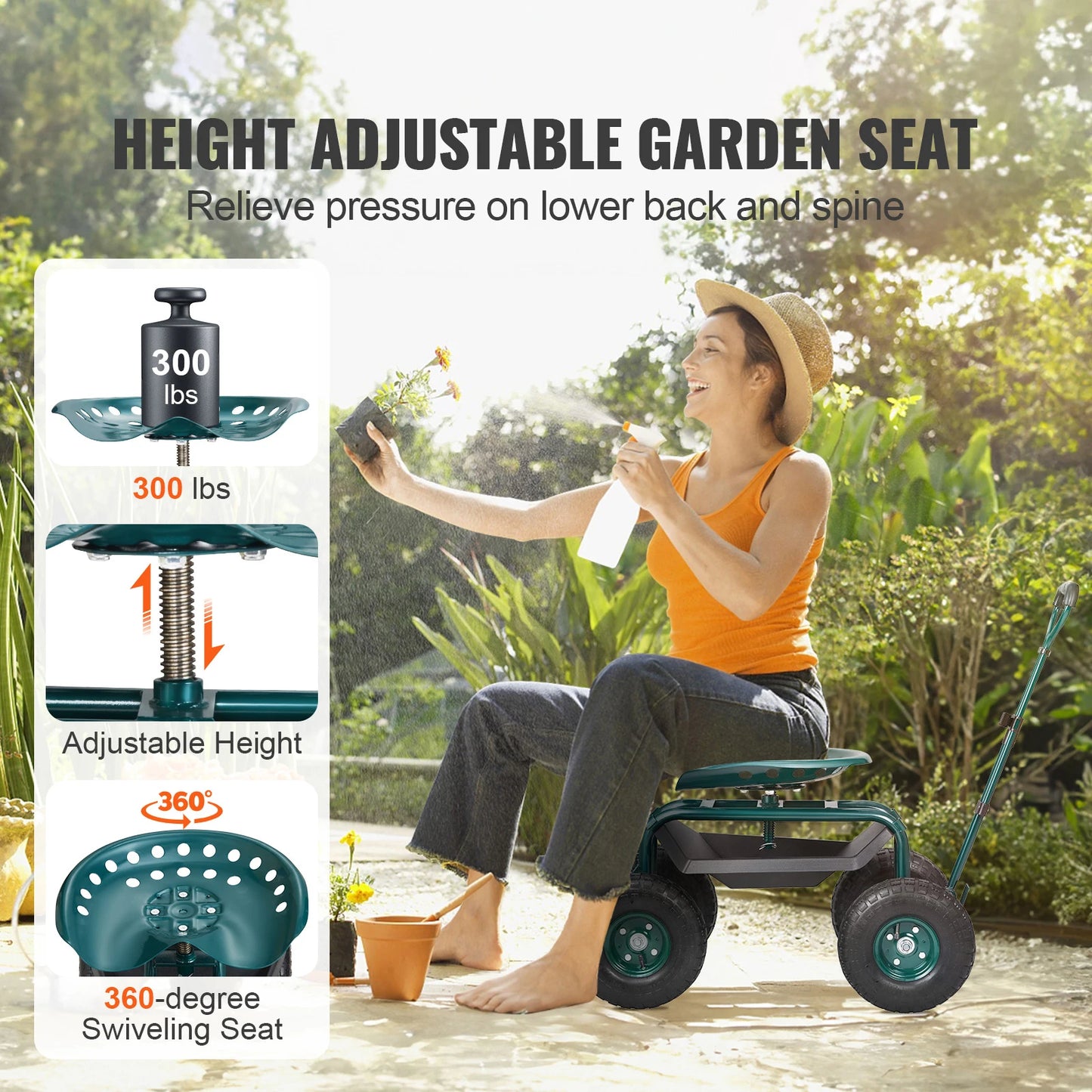 SucceBuy Garden Cart Rolling Workseat with Wheels Gardening Stool for Planting 360Degree Swivel Seat Wagon Scooter with Steering