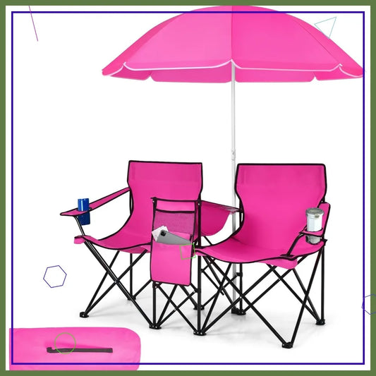 Double Camping Chair with Umbrella, Portable Folding Loveseat for Outdoor Picnic, Beach, Travel & BBQ - Pink
