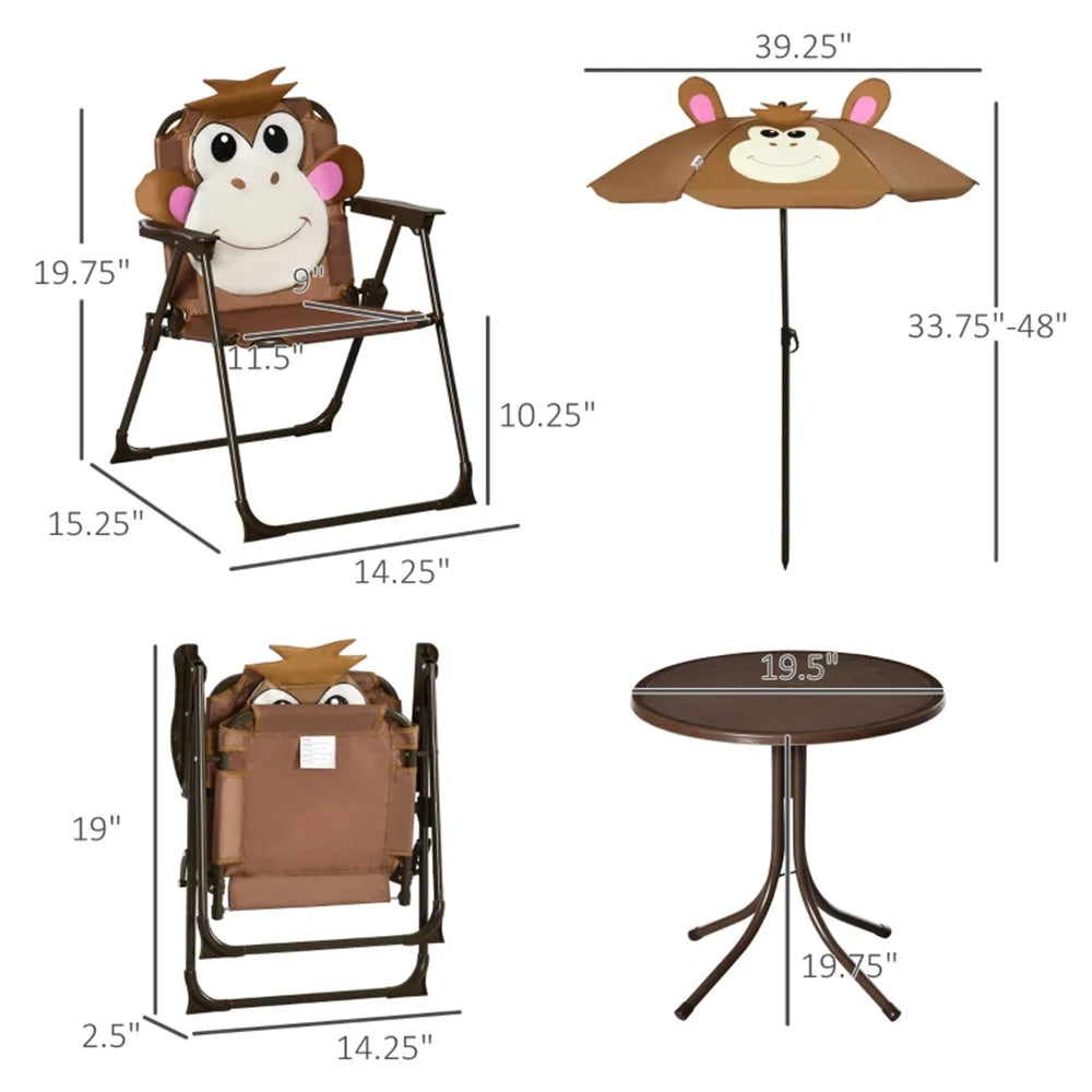Cute Monkey Kids Patio Table Chair Set With Foldable Umbrella