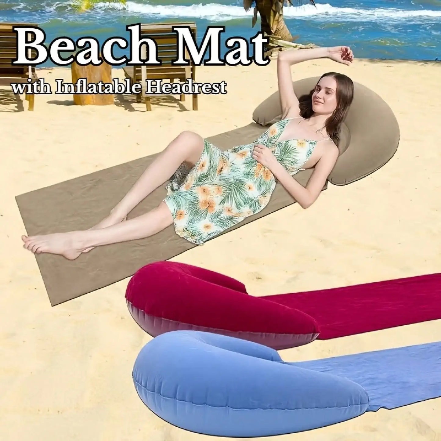 NewInflatable Pillow Beach Mat, Portable With Head Support - Collapsible Air Couch Beach Chair For Outdoor Activities Like Beach