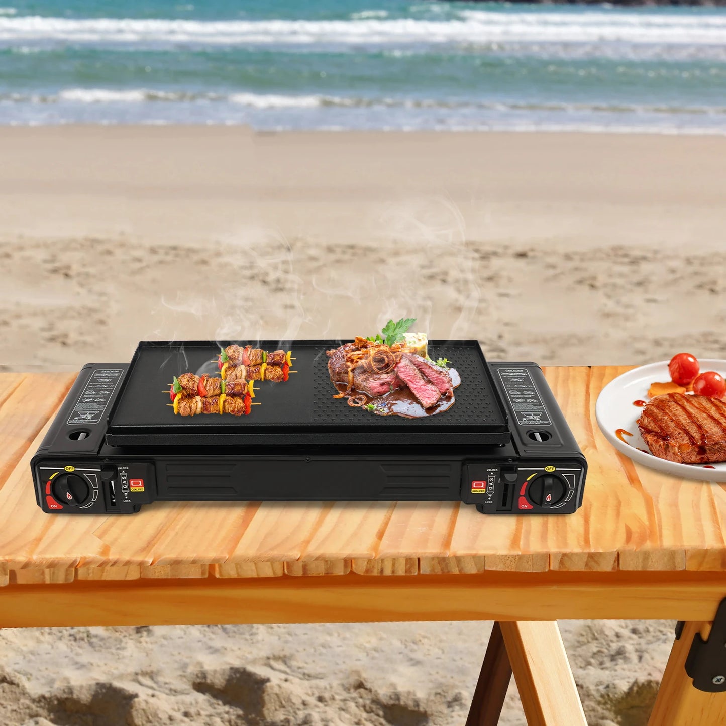 Portable 2500W Camping Stove 2 Burners With Baking Tray And Case Butane LPG