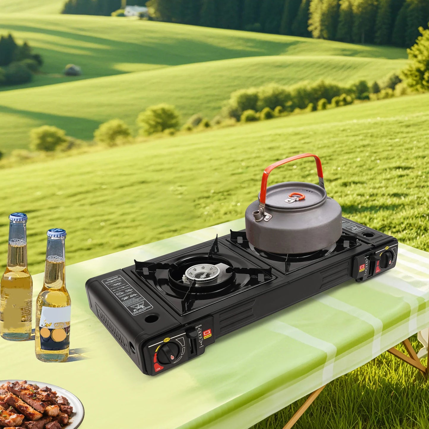Portable 2500W Camping Stove 2 Burners With Baking Tray And Case Butane LPG
