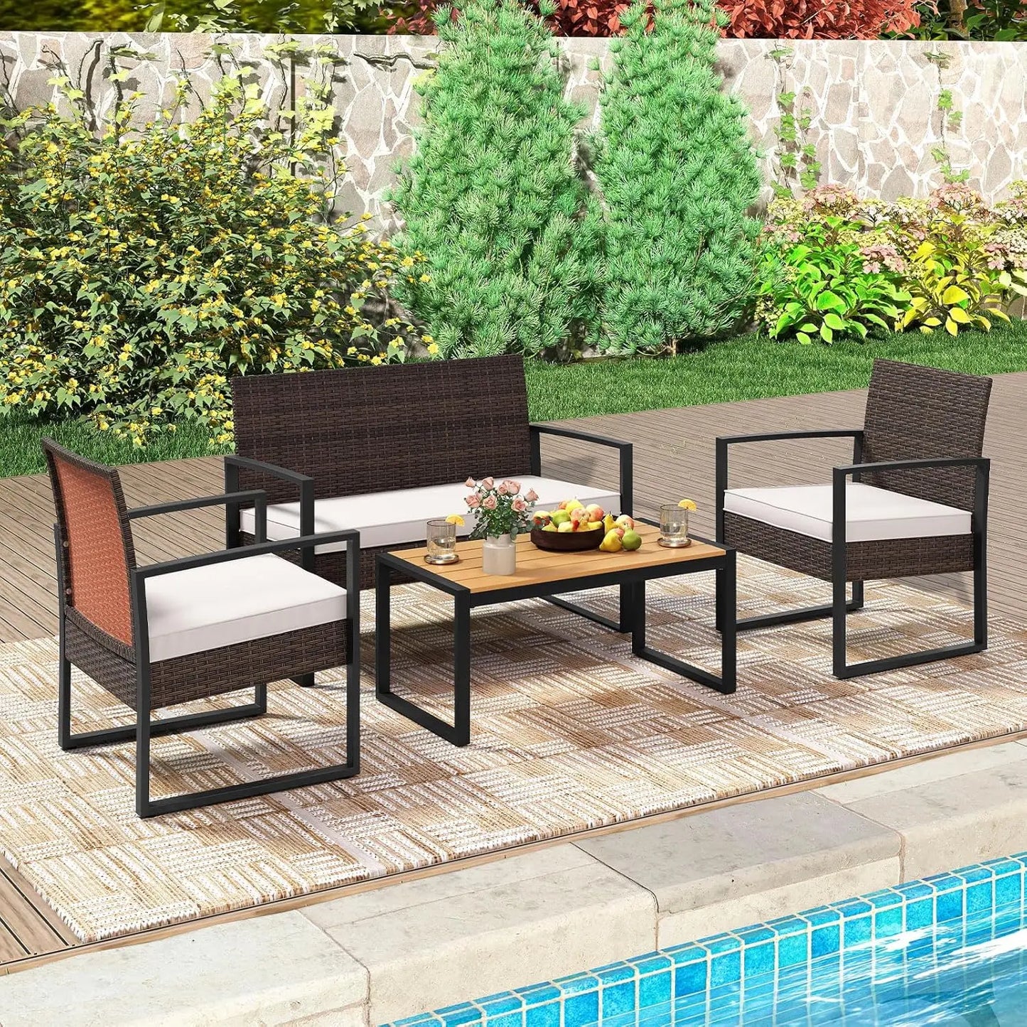 Outdoor Rattan Conversation Set With Cushioned Chairs And Coffee Table