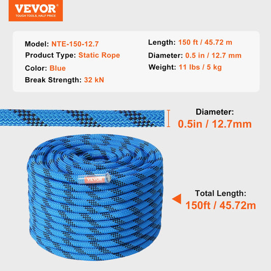 VEVOR Static Climbing Rope 30kN With Steel Snap Hooks