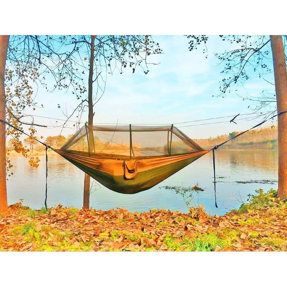 Portable hammock with mosquito net for two includes tree straps ideal for outdoor hiking camping survival travel