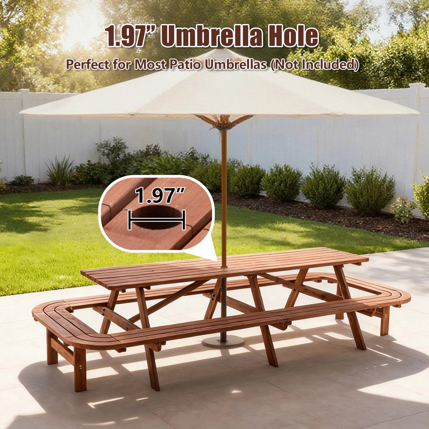 Wooden Outdoor Picnic Table With Umbrella Hole For Patio BBQ