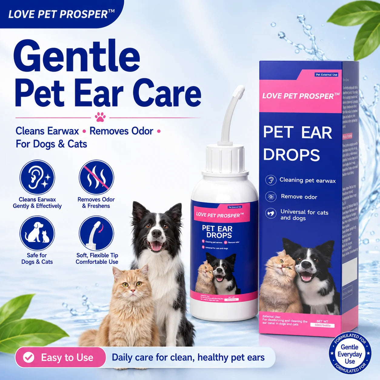 Gentle Pet Ear Drops For Dogs And Cats Cleaner Solution