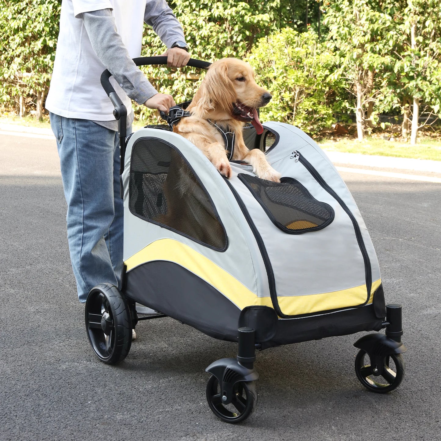 Foldable Portable Dog Stroller For Large Dogs With Breathable Carrier