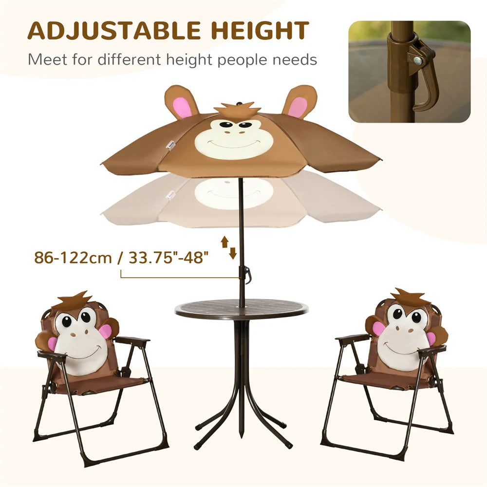 Cute Monkey Kids Patio Table Chair Set With Foldable Umbrella