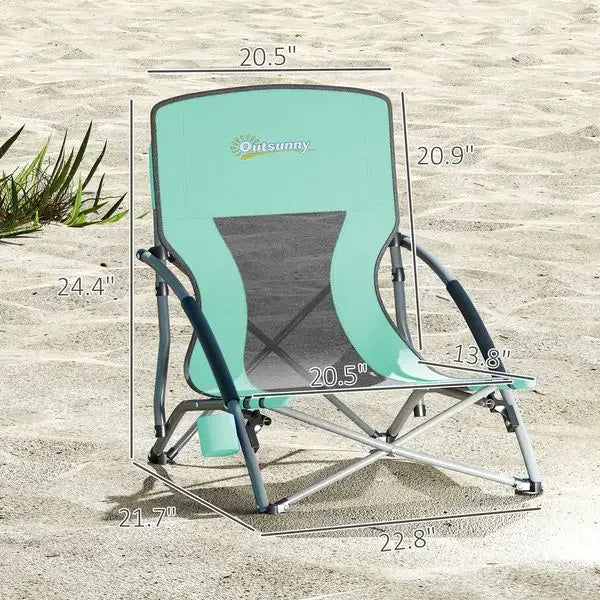 Outsunny Set of 2 Folding Beach Chairs with Mesh Back, Carry Bag and Cup Holder for Outdoor Camping Lawn Sports Picnic Turquoise