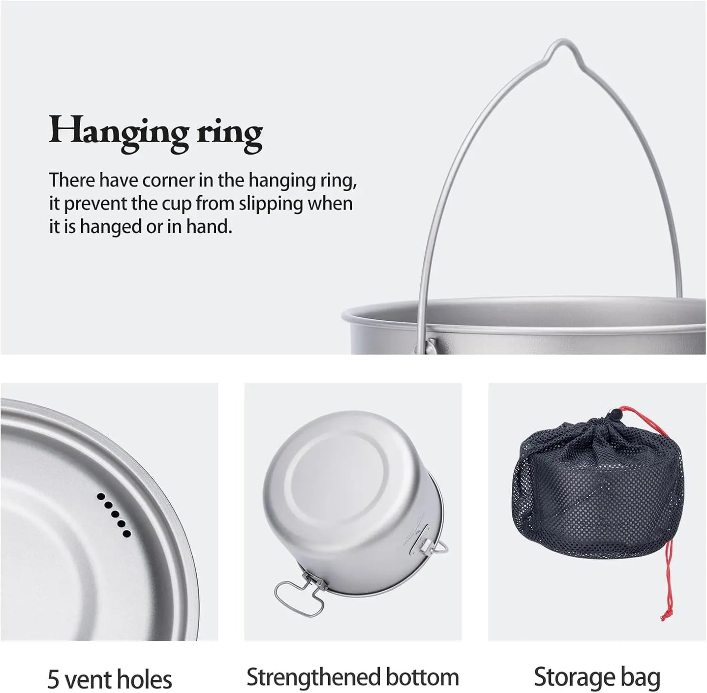 Ultralight Portable Hanging Pot for Outdoor Camping Backpacking Hiking - Camp Kitchen Cookware with Multiple Sizes 1300ML/1950ML