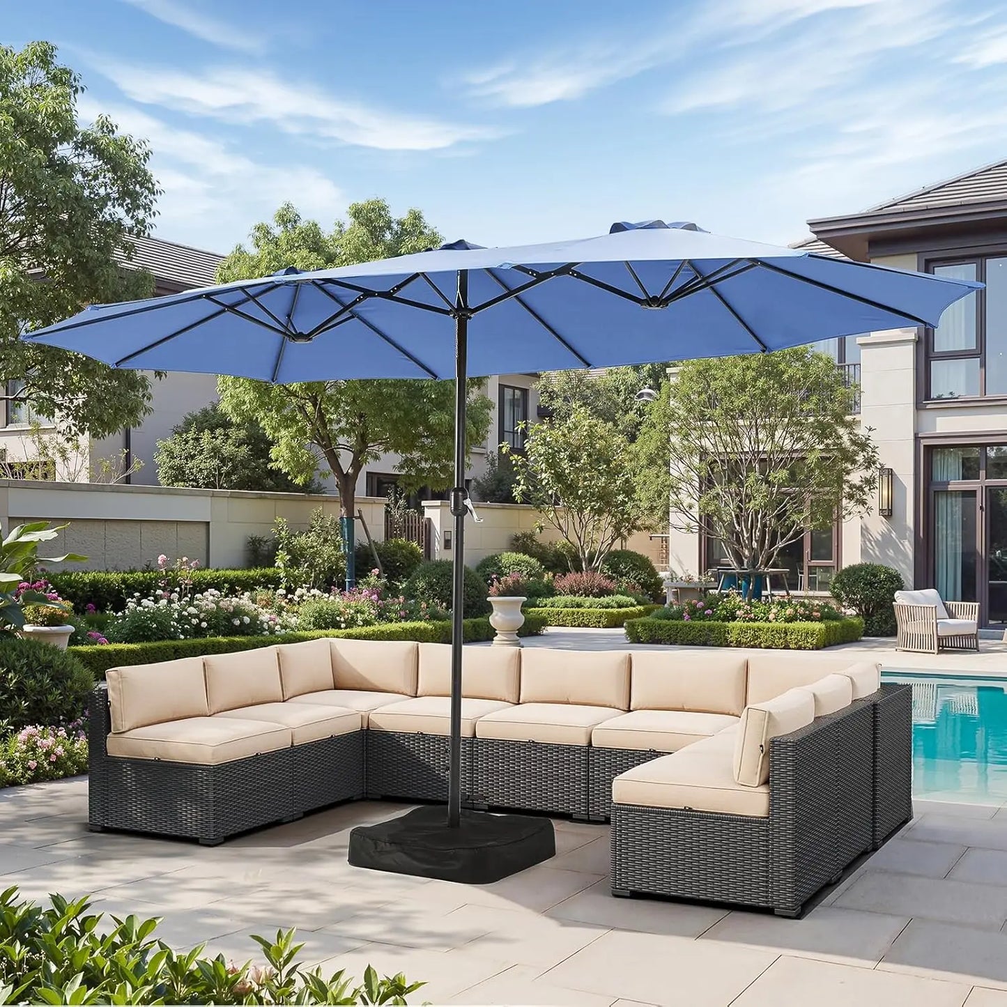 Outdoor Double-Sided Rectangular Patio Umbrella With Crank and Base
