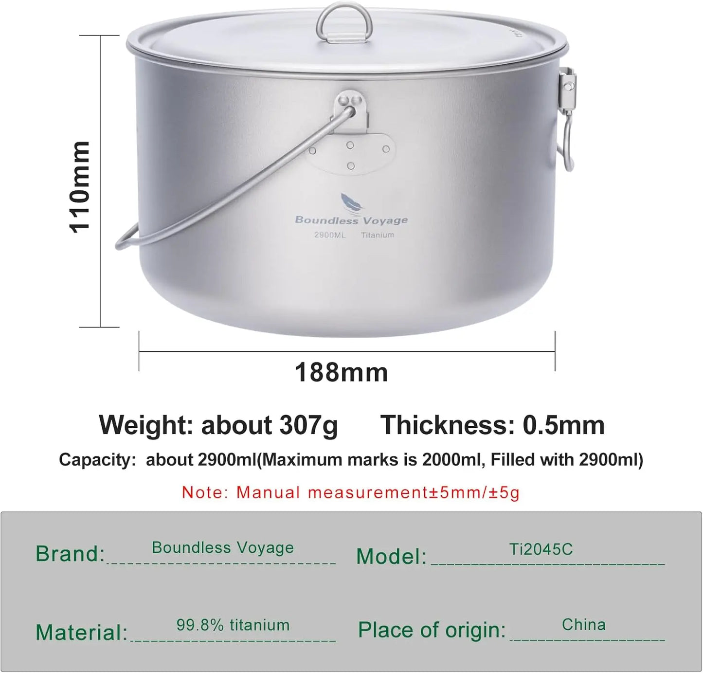 Ultralight Portable Hanging Pot for Outdoor Camping Backpacking Hiking - Camp Kitchen Cookware with Multiple Sizes 1300ML/1950ML