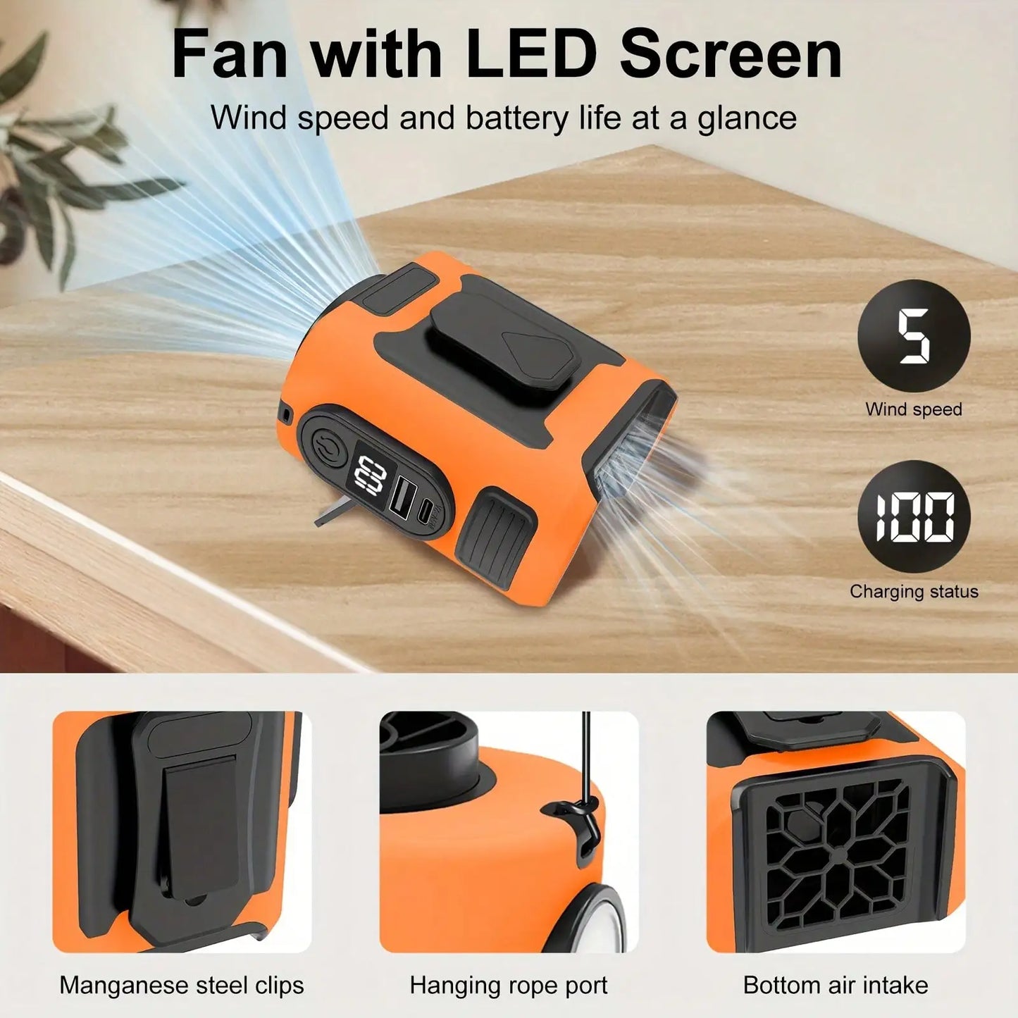 Portable Neck Fan With 10000mAh Battery Dual Clips And Flashlight