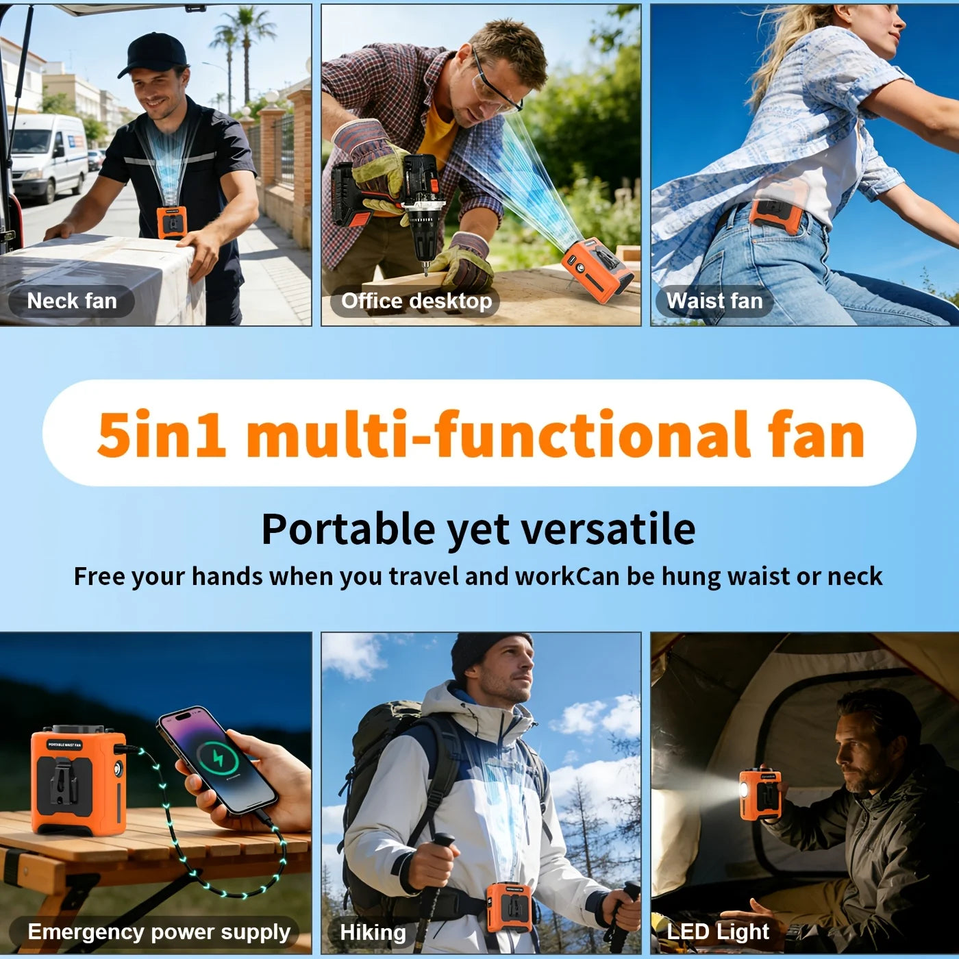 Waist Clip Fan Portable USB Rechargeable Cooling Fan Low Noise