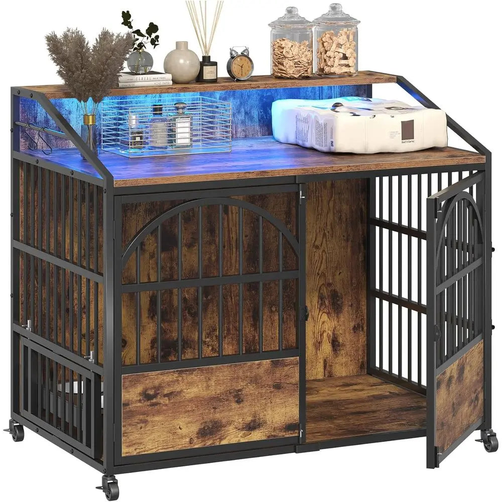 Heavy Duty Dog Crate With Stainless Bowls And Locking Wheels