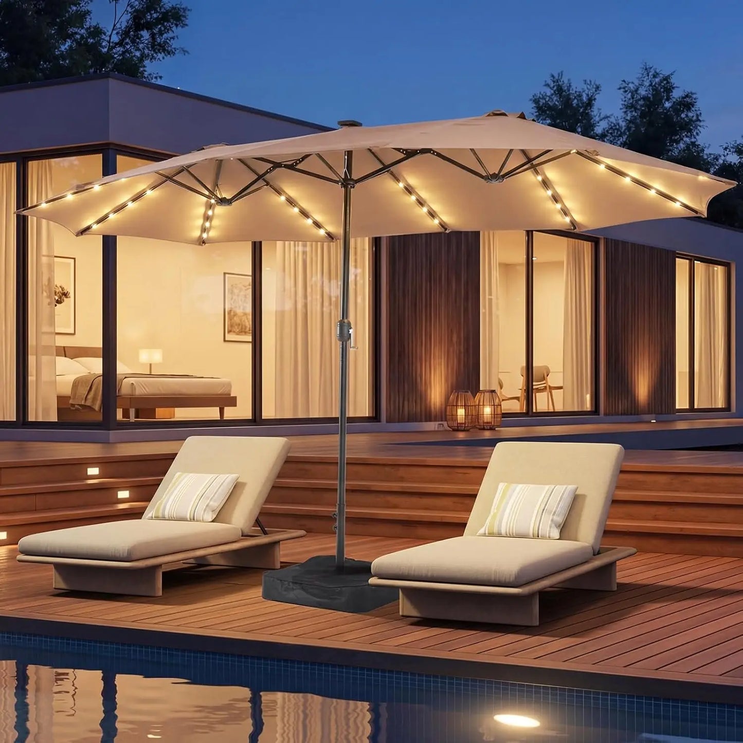 Outdoor Double-Sided Rectangular Patio Umbrella With Crank and Base