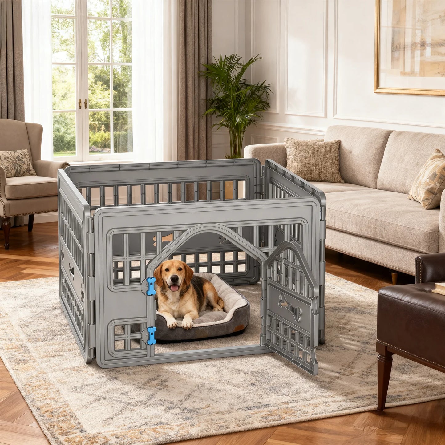 NONECN Resin Dog Playpen With Lockable Door Portable Pet Fence