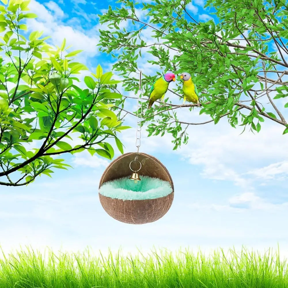 Natural Coconut Shell Bird Nest Set With Warm Pad And Bell For Parrot Budgie