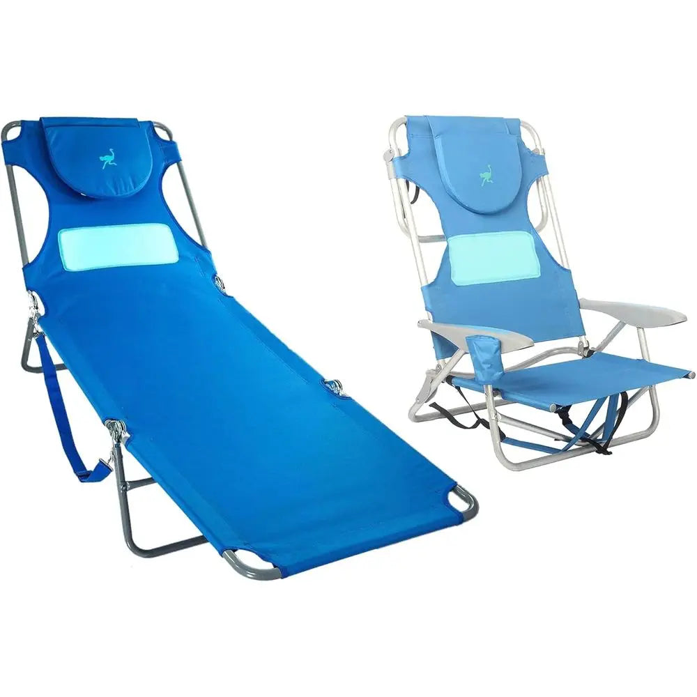 Ladies Comfort Lounger Sunbathing Chaise Lounge Beach Chair and Outdoor On-Your-Back 5-Position Backpack Beach Chair, Blue