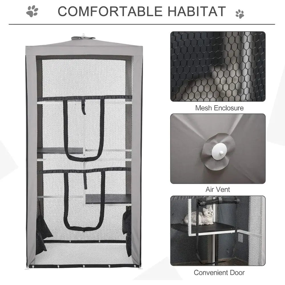 Outdoor Cat House Enclosure With Three Platforms And Steel Frame