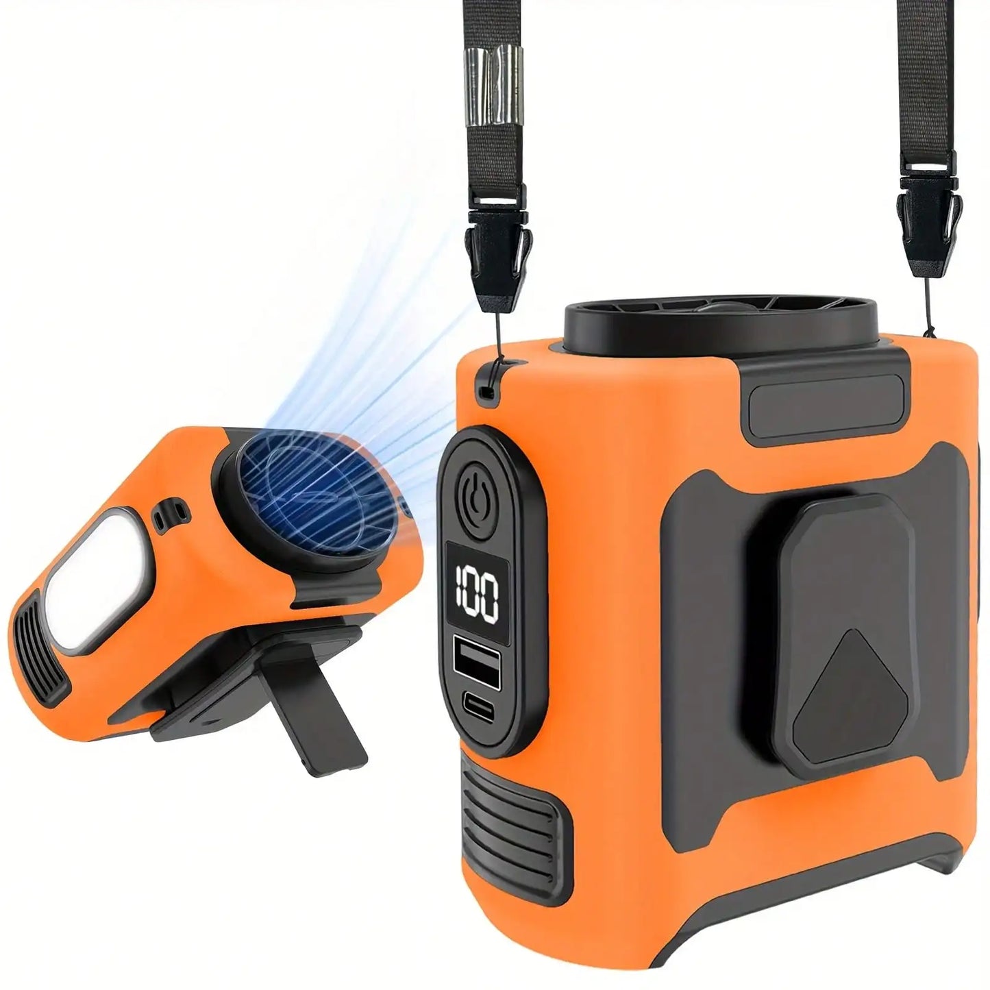 Portable Neck Fan With 10000mAh Battery Dual Clips And Flashlight