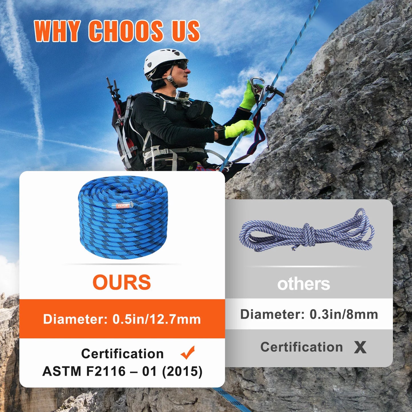 VEVOR Static Climbing Rope 30kN With Steel Snap Hooks