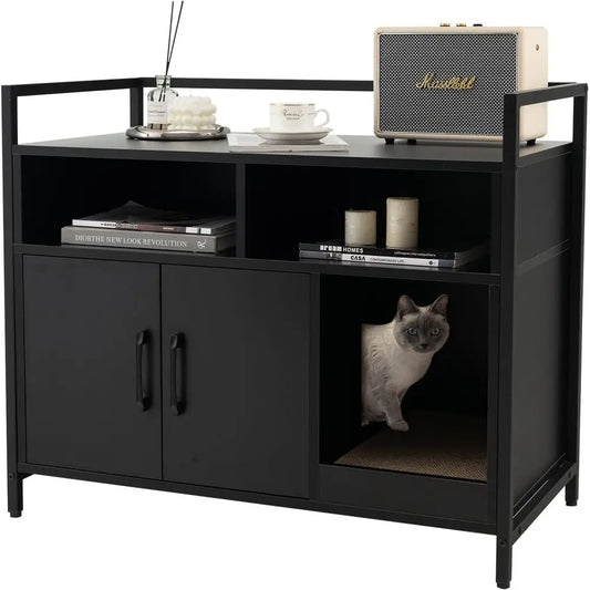 Cat Litter Box Enclosure - Cat Washroom Hidden urniture with ront Entry, Scratcher, 2-Door Storage Cabinet, 2 Comparents, Air Ve