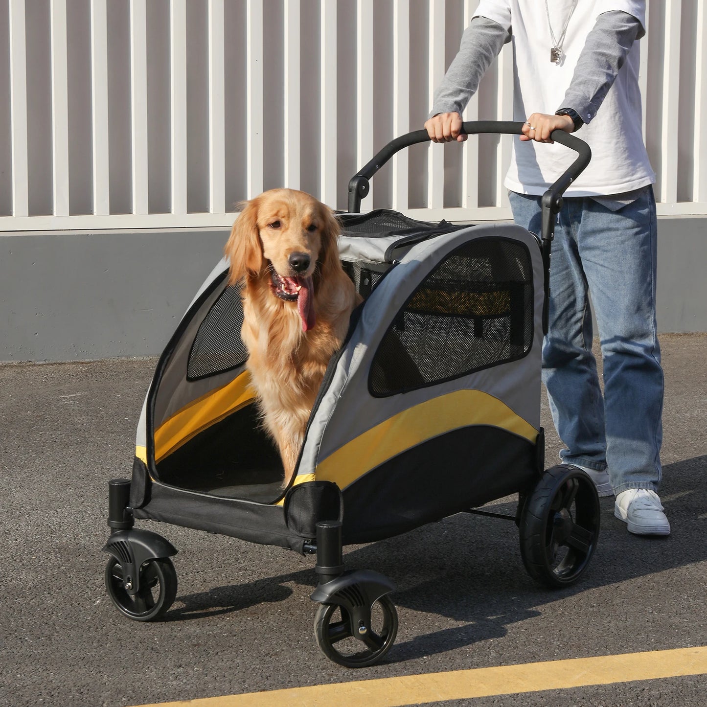 Foldable Portable Dog Stroller For Large Dogs With Breathable Carrier