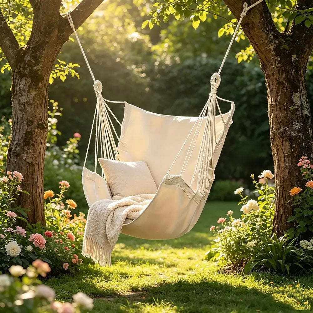 Outdoor Leisure Hammock Hanging Swing Chair, Soft Breathable SkinFriendly Thick Cotton Fabric Sturdy HeavyDuty Hanging Chair Wi