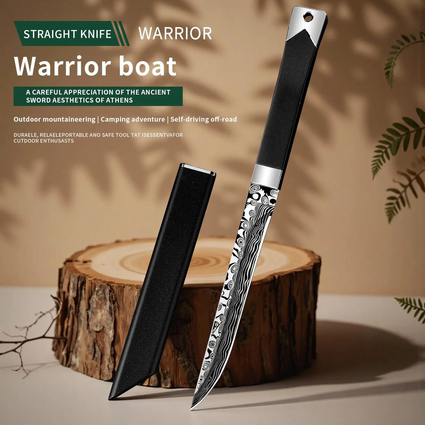 Black Damascus Pattern Outdoor Knife - Ultra-Sharp Fixed Blade with Sheath. Perfect for Camping, Hiking, bbq, and Survival Tasks