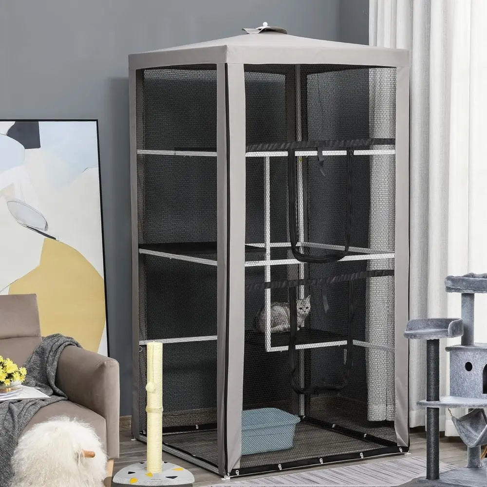 Outdoor Cat House Enclosure With Three Platforms And Steel Frame