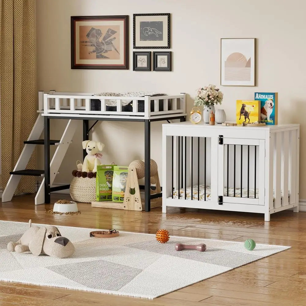 Pet Bunk Bed,Dog Window Perch with Stairs and Storage, Dogs/Cats Crate urniture, with Multi-pose Blanket and Indoor Dog Bed or S