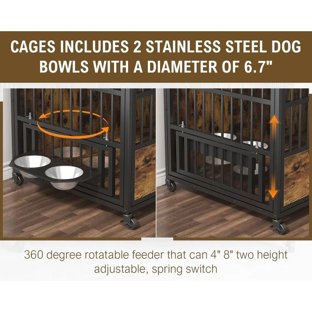 Heavy Duty Dog Crate With Stainless Bowls And Locking Wheels