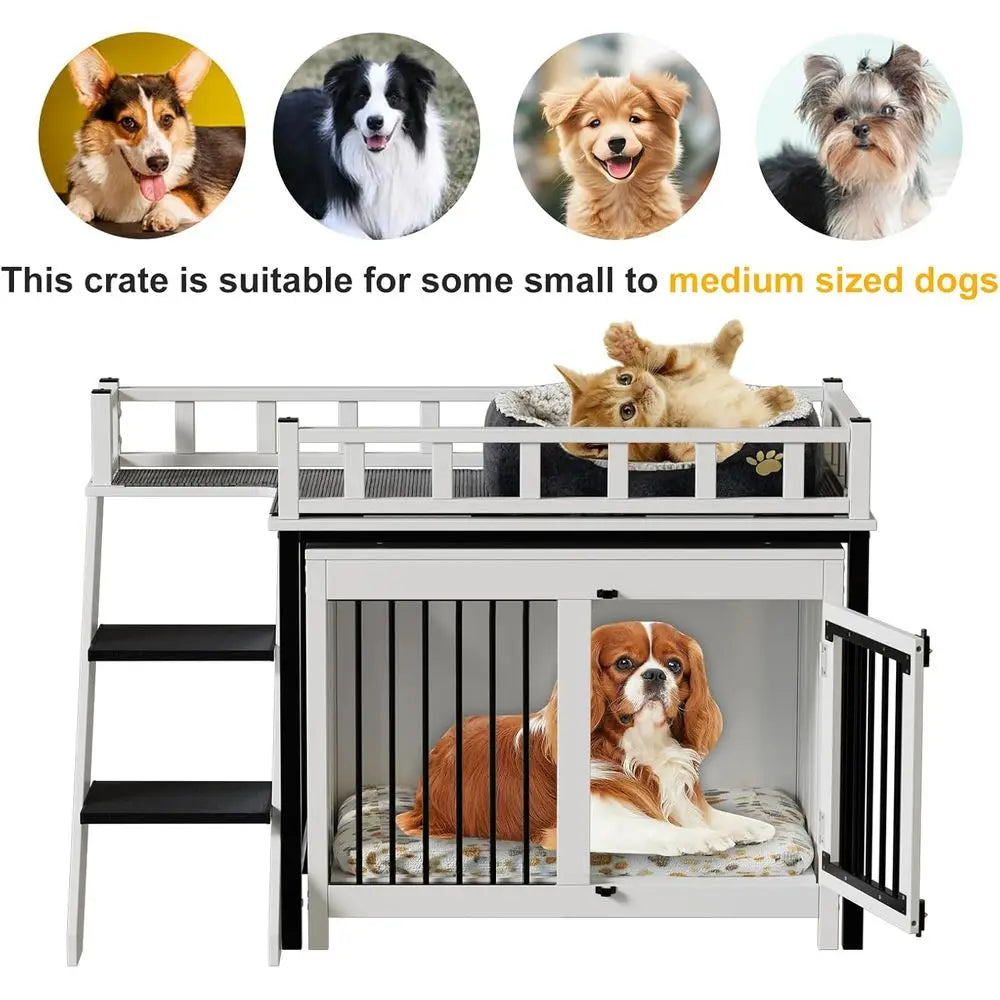 Pet Bunk Bed,Dog Window Perch with Stairs and Storage, Dogs/Cats Crate urniture, with Multi-pose Blanket and Indoor Dog Bed or S