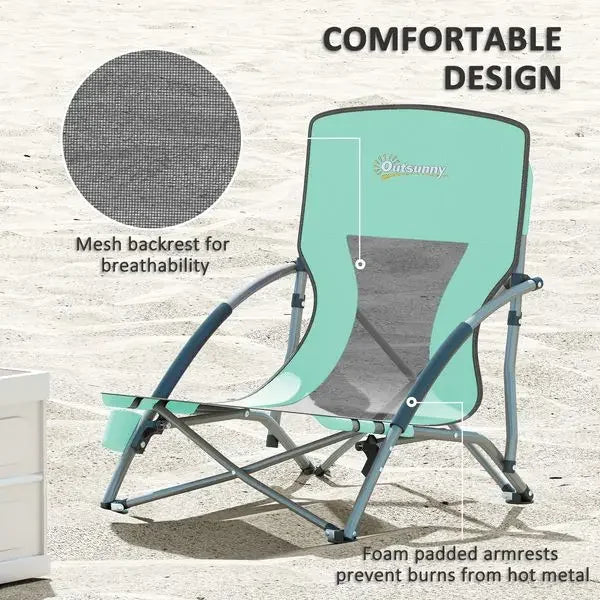Outsunny Set of 2 Folding Beach Chairs with Mesh Back, Carry Bag and Cup Holder for Outdoor Camping Lawn Sports Picnic Turquoise