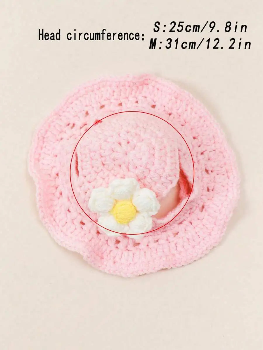 Knitted Pet Hat With Floral Trim For Cats And Dogs