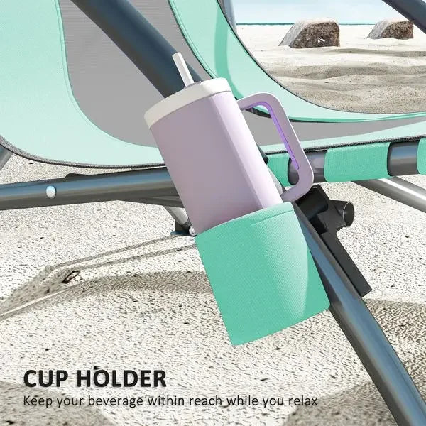 Outsunny Set of 2 Folding Beach Chairs with Mesh Back, Carry Bag and Cup Holder for Outdoor Camping Lawn Sports Picnic Turquoise