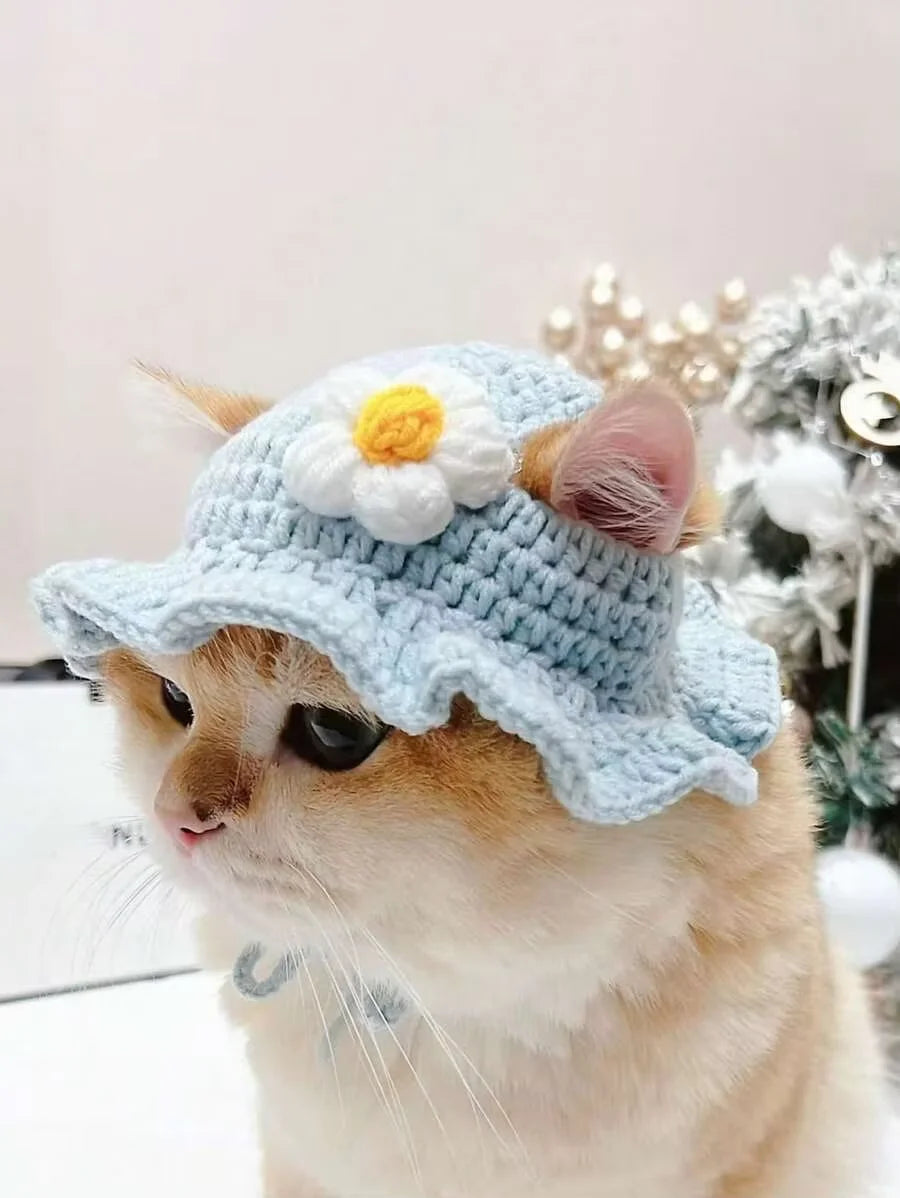 Knitted Pet Hat With Floral Trim For Cats And Dogs