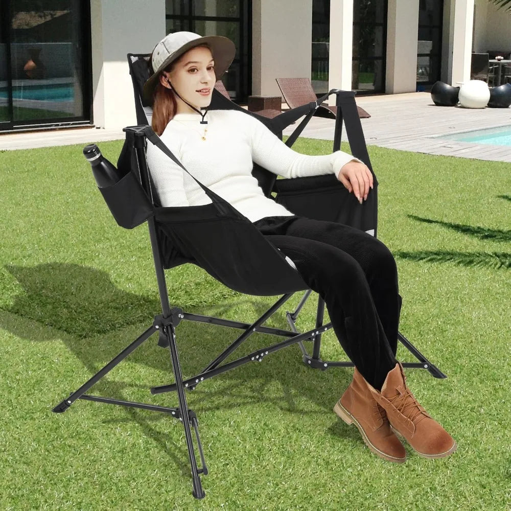 Portable Folding Hammock Chair Set of 2 with Stand - Outdoor Swing Camping Chair for Beach, Lawn, Patio (Black)